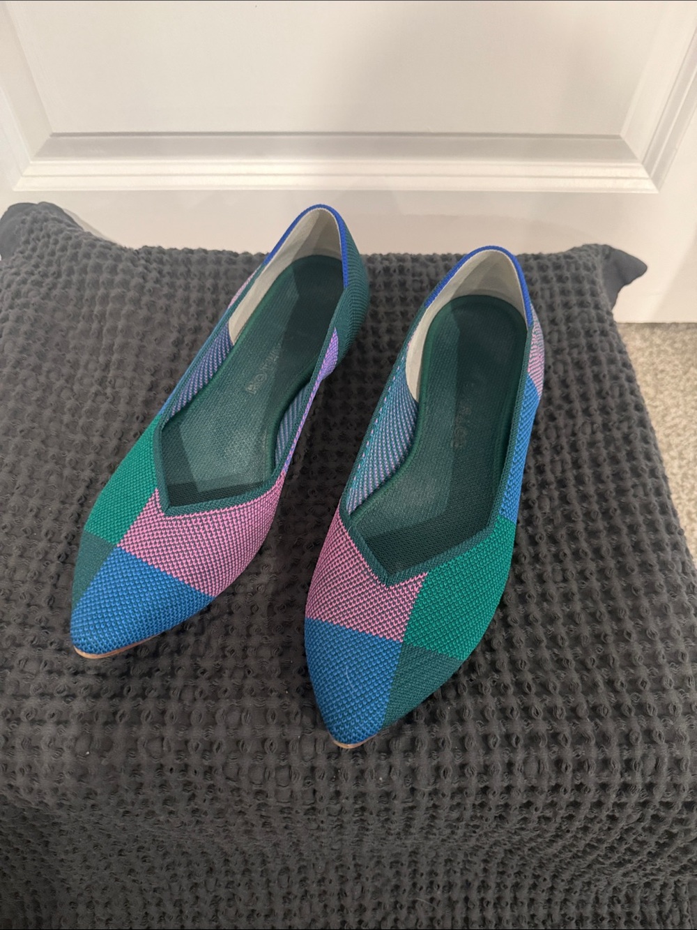 Rothy’s Colorblock Pointed Flats in Green, Blue & Purple